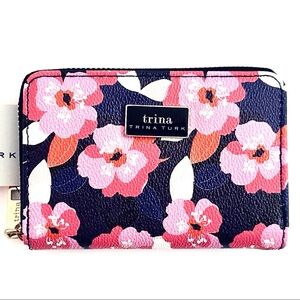 Trina Turk Vegan Leather Zip Around Wallet Navy Blue & Pink Floral Design